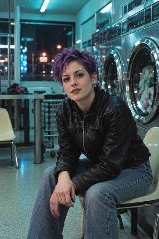 A young adult in a battered leather jacket waits between spinning machines and fluorescent light.