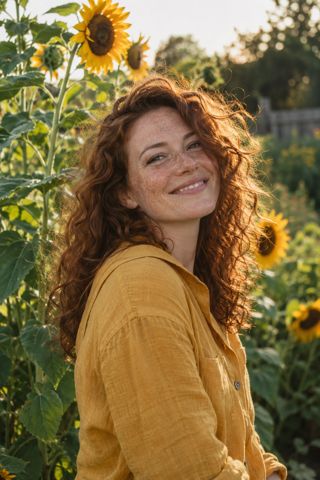 An easy summer portrait with windblown curls, bright sunflowers, and warm afternoon light.