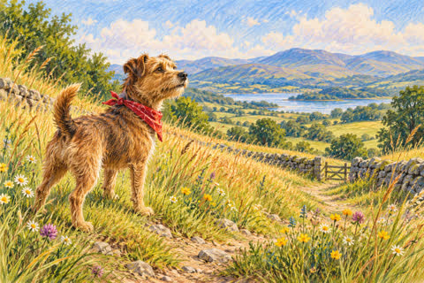 A cheerful scruffy terrier explores a bright open landscape in a painterly illustration.