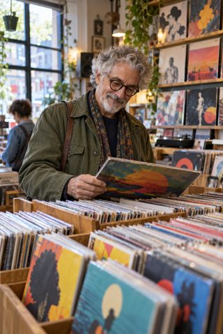 A sharp-dressed music lover searches the crates in a small, crowded record shop.