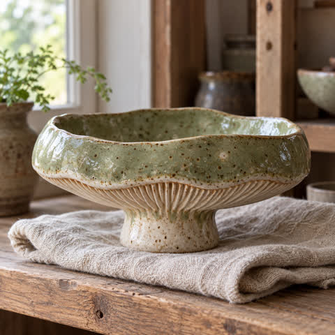 A mushroom-shaped ceramic bowl with a textured glaze and softly lit tabletop details.