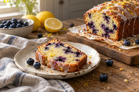 A golden lemon and blueberry loaf on a kitchen table beside a rain-streaked window.
