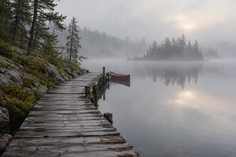 A wooden boardwalk stretches towards still water and mist-softened trees.