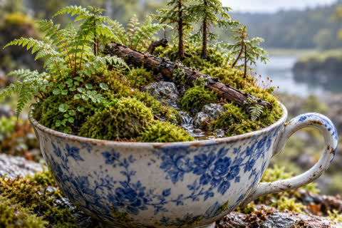 A tiny woodland of moss, ferns, and miniature trees fills a ceramic teacup.