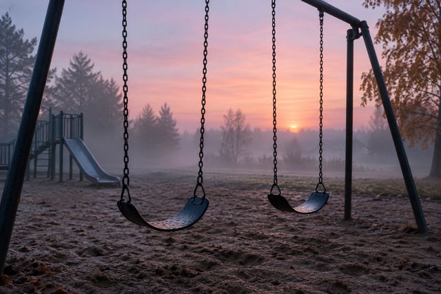 An empty playground emerges from morning fog, with wet swings and soft pink light.