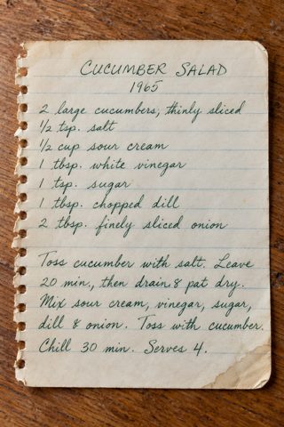 Thin cucumber slices, dill, and sour cream with a splash of vinegar. Cool and crisp alongside a summer supper.