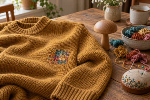 A mustard-coloured sweater, colourful mending patches, yarn, and simple repair tools.
