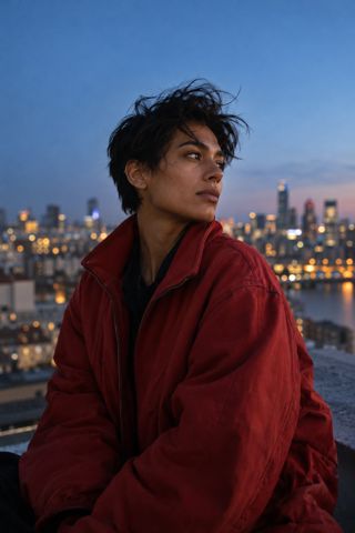 A windblown rooftop portrait against the soft lights of the city.