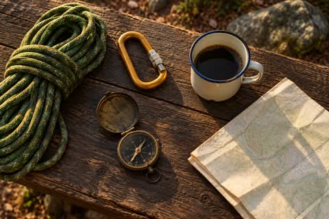 A carefully arranged spread of outdoor gear with tactile fabrics and warm natural light.