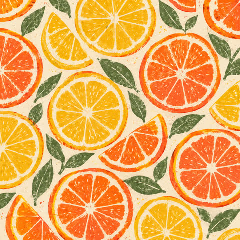 A bright repeating pattern of sliced citrus, leaves, and warm afternoon colours.