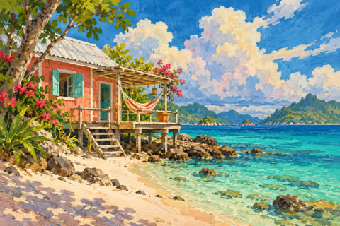 A small beach cabin beneath an expansive sky, painted in soft coastal colours.