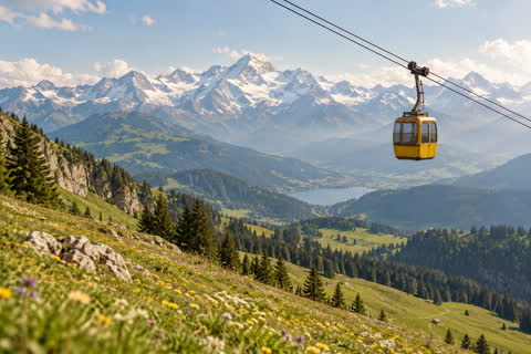 A yellow cable car passes above a green alpine meadow with mountains rising beyond.