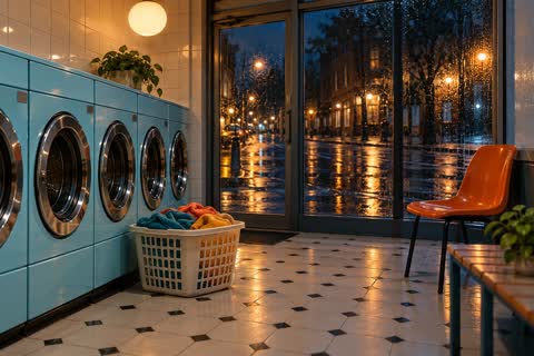 Rows of washing machines glow beneath warm lights while a wet pavement reflects the night outside.