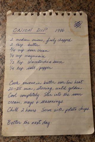 Golden onions folded into sour cream and mayonnaise, with a little Worcestershire sauce. Chill before serving with chips.