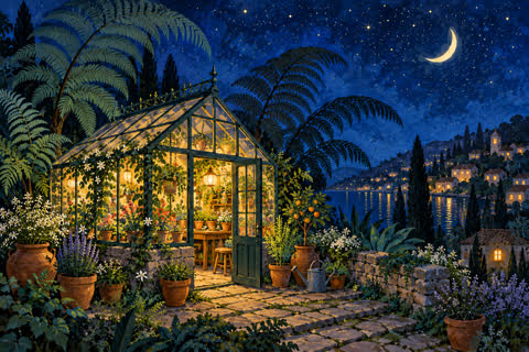 A warmly lit greenhouse beneath a starry blue night sky, surrounded by dense garden foliage.