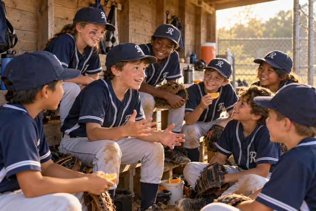 Young baseball teammates gather around for a determined pep talk before the next inning.