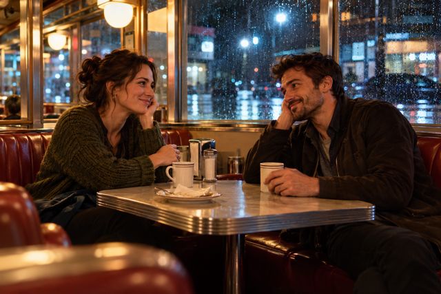 Two friends unwind in a late-night diner, framed by warm lamps and a rain-streaked window.