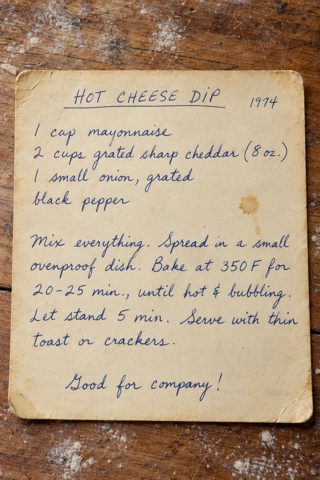 A bubbly baked cheddar dip with grated onion and mayonnaise. Rich, simple, and best served with thin toast or crackers.