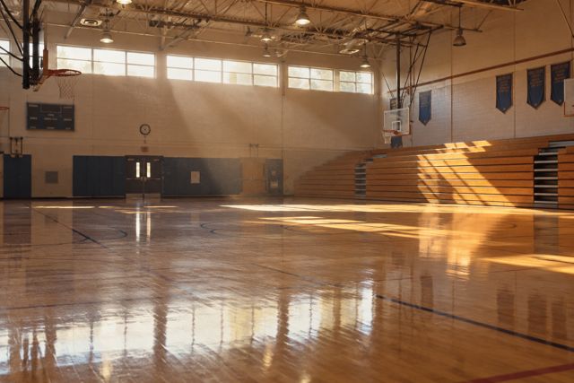 Sunlight falls across a polished school gym floor while the folded bleachers wait for autumn.