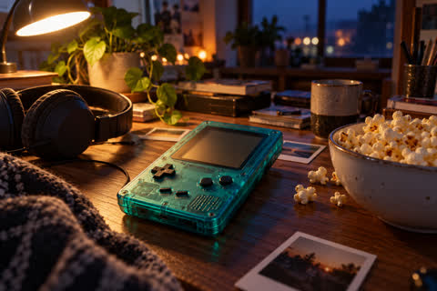 A retro handheld games console rests on a desk in warm evening light.