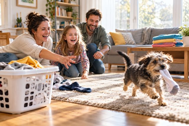 A puppy steals a sock while a family tries to fold a mountain of clean washing.