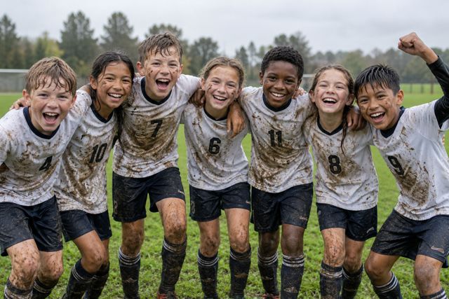 A youth soccer team celebrates a muddy match with the kind of joy that ignores the weather.