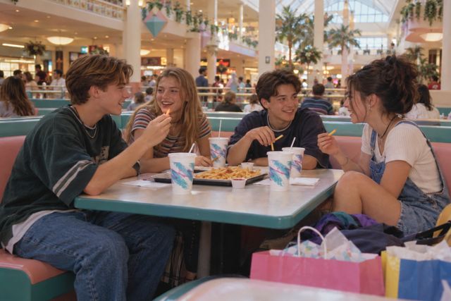 A tray of fries, a booth full of friends, and nowhere urgent to be. Late-1990s mall colours and overhead skylights.