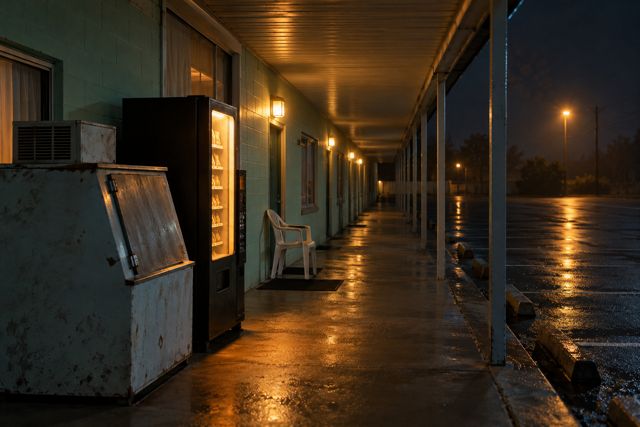 A lonely motel walkway glows beneath a fluorescent light, between an ice machine and the darkness beyond.