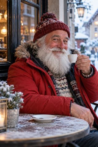 A bearded man in a red winter coat takes a quiet coffee break beside a window full of snow.