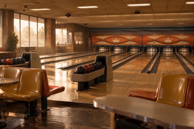 Untouched bowling lanes and colourful plastic chairs wait beneath lights left on overnight.