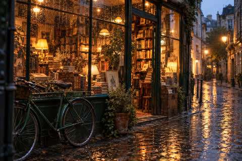 Warm bookshop light meets a rainy street, with shelves, window reflections, and a quiet evening atmosphere.