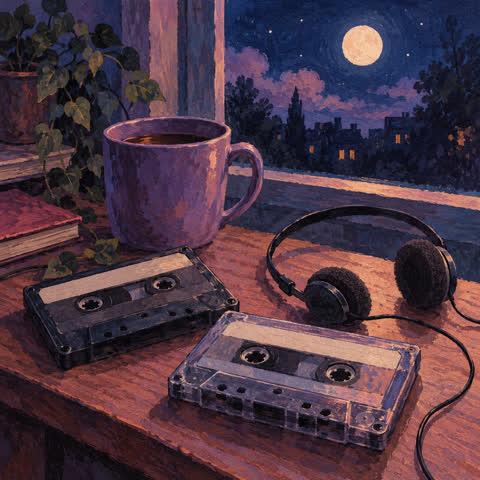 Cassette tapes and a portable player in a moonlit scene with rich blue and violet tones.