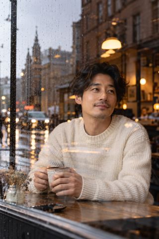A quiet café portrait reflected through glass, with a mug warming both hands.