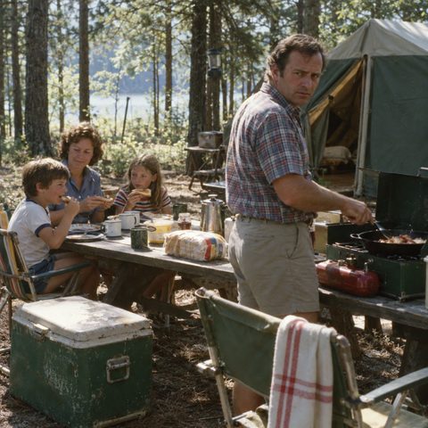 A camping stove, enamel mugs, and breakfast served beside the tent.