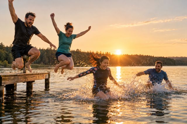 Friends jump from a low dock into a calm lake as the evening light catches the water.