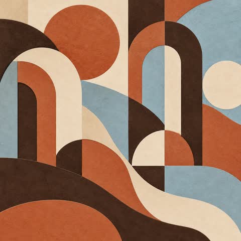 An abstract composition of rounded shapes in coffee, cream, rust, and muted blue.