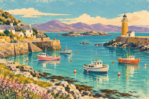 An illustrated island postcard with colourful buildings, coastal scenery, and a relaxed seaside palette.