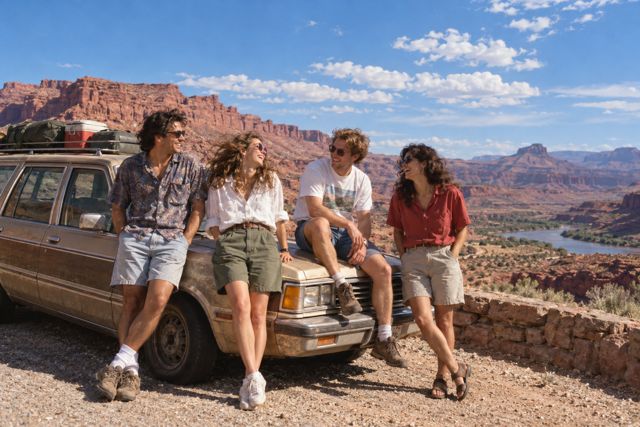 Four friends take a break beside an old station wagon on an open desert road.
