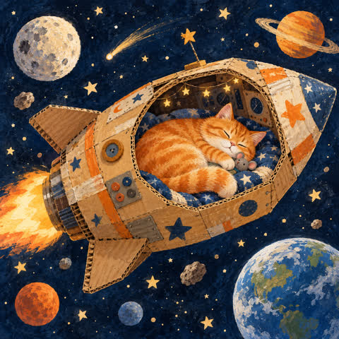 A marmalade cat pilots a cardboard spaceship through a colourful star-filled galaxy.