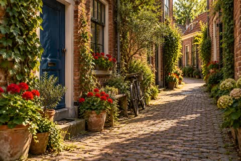 Sunlight falls across a narrow brick lane lined with doors, plants, and weathered textures.