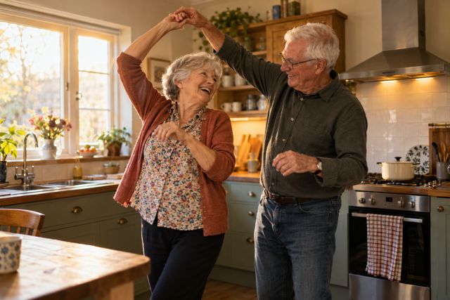 A couple dance around the kitchen while supper waits on the counter.