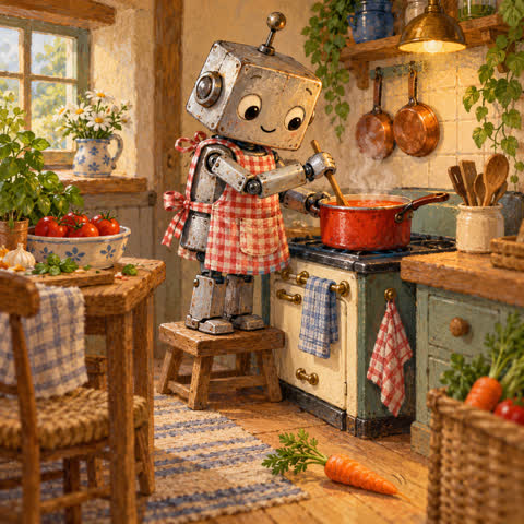 A small kitchen robot tends a steaming pot of soup in a cosy, colourful kitchen.